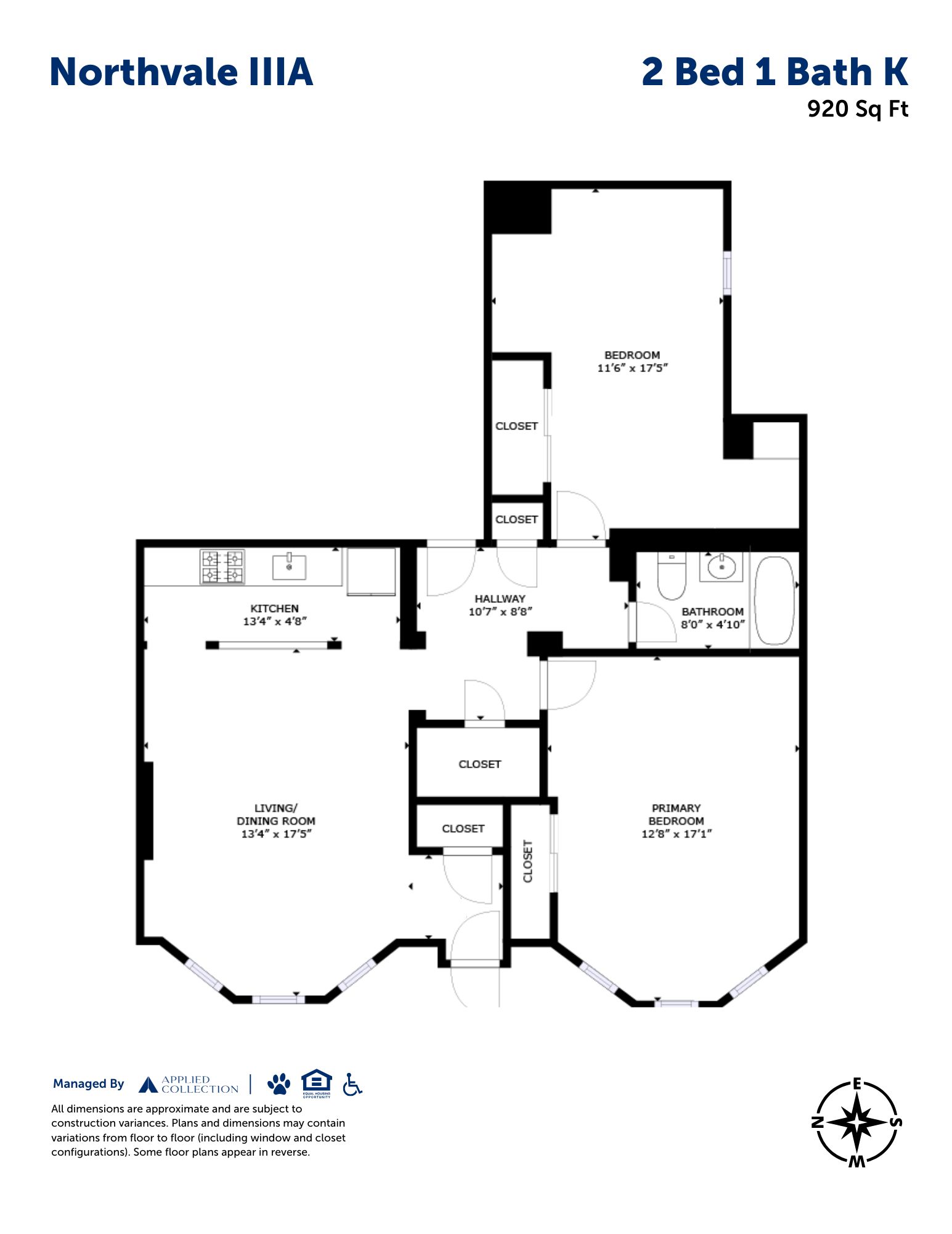 Floor plan for 2 beds, 1 bath, 920 sqft